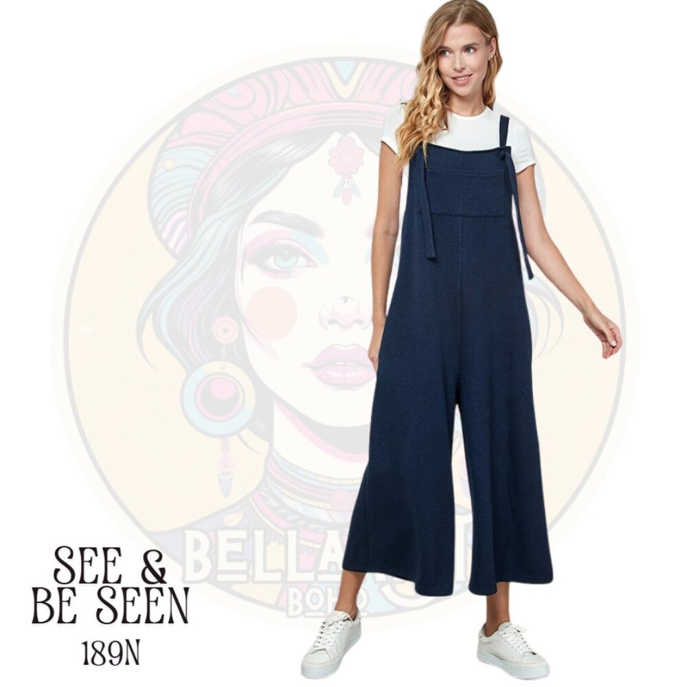 189N SEE & BE SEEN Navy Textured Cropped Wide Leg Jumper Overalls